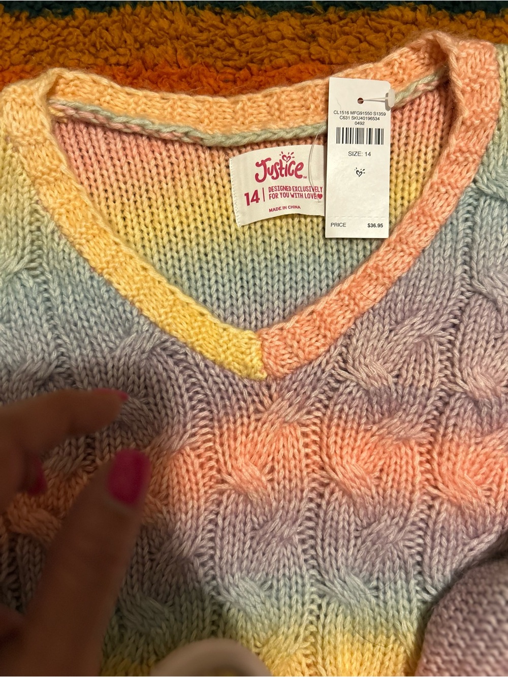Justice Girls' Pastel Rainbow V-Neck Cable Knit Sweater - Size 14